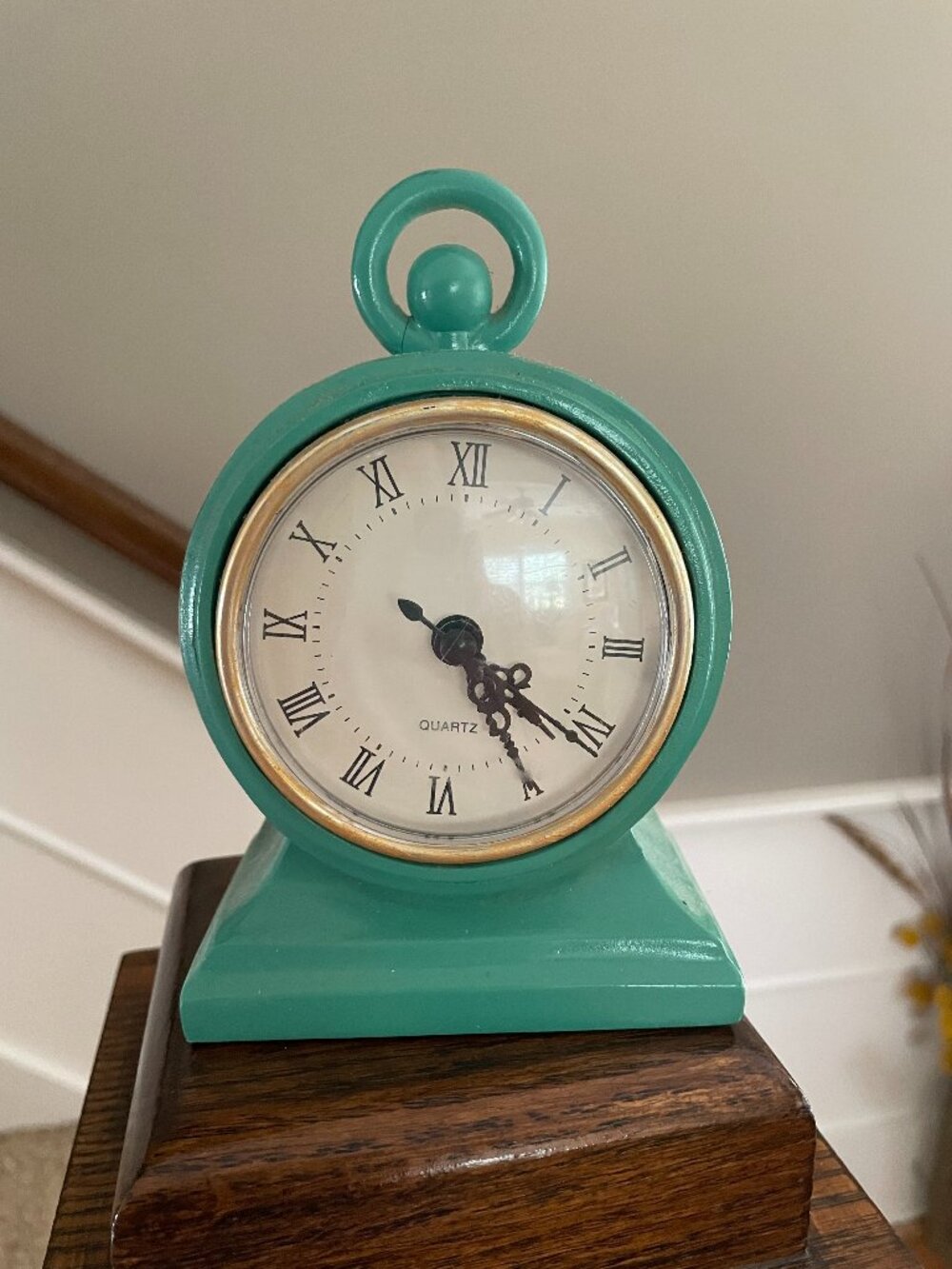 Vintage Turquoise & Gold Mantel Clock Quartz w/ Roman Numerals